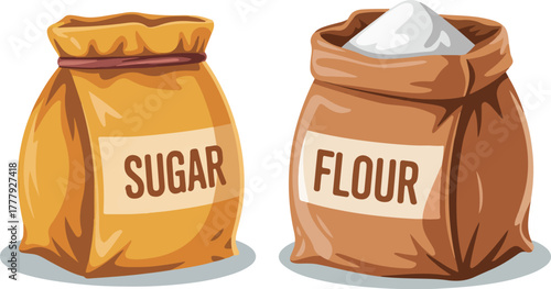 Bags of sugar and flour baking ingredients in paper sacks isolated cartoon vector illustration