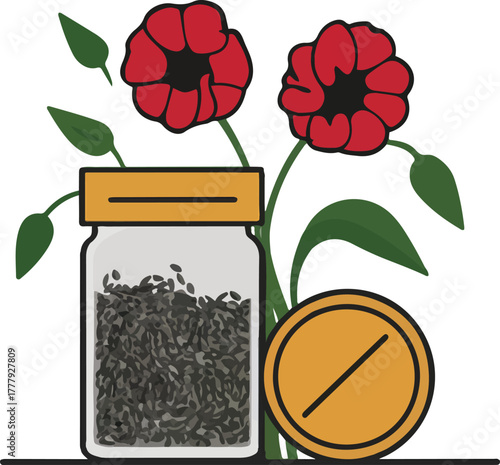 Black poppy seeds spice in a glass jar with red poppy flowers isolated flat vector illustration