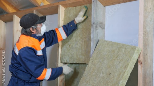 Insulation of a frame house with mineral wool. Cutting, fitting, laying insulation. Construction works.