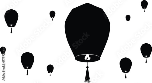 Silhouette of floating sky lanterns at night, symbolizing hope, freedom, celebration, light festival, culture, peace, tradition, and wishes.