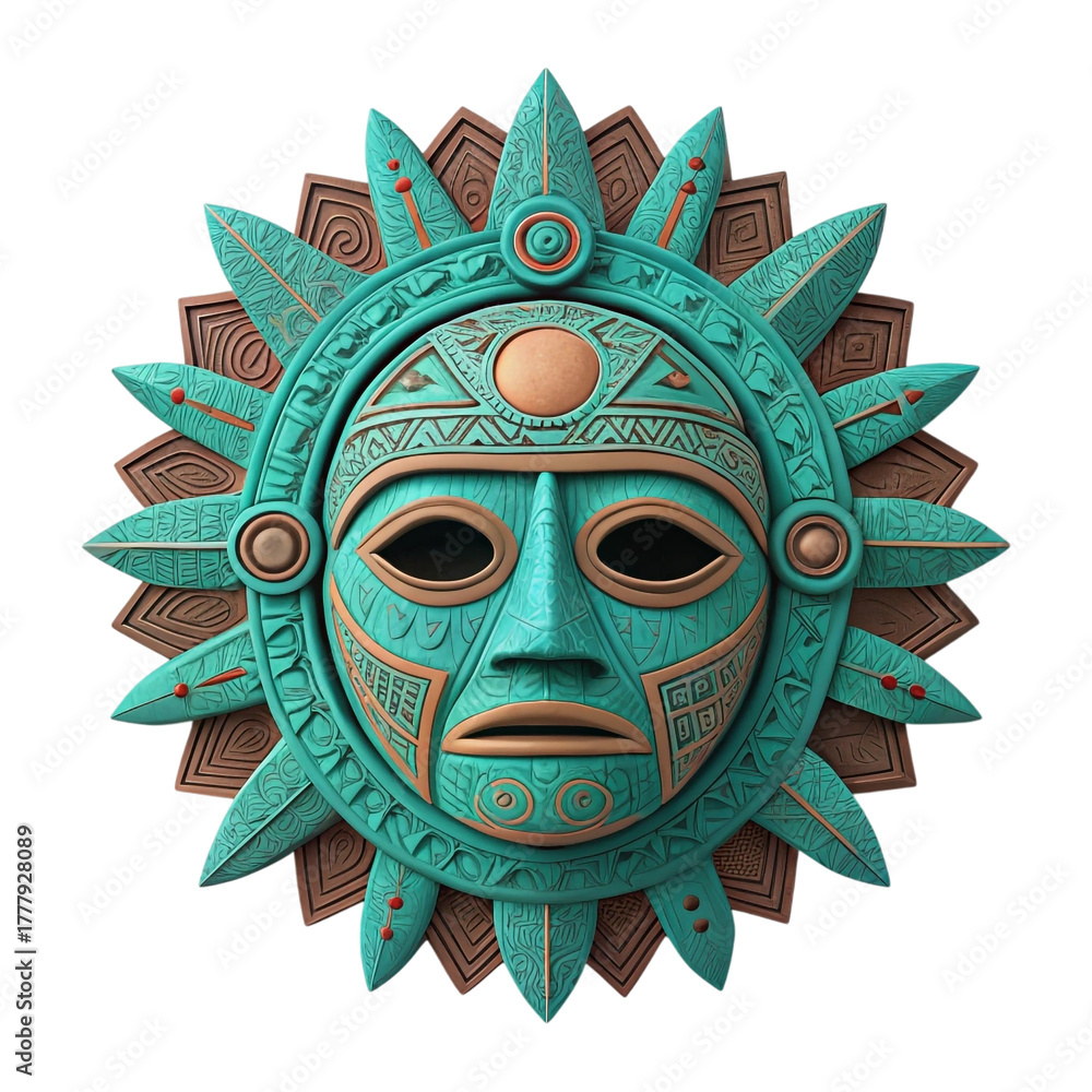 Fototapeta premium Turquoise and brown ancient sun mask with feather headdress