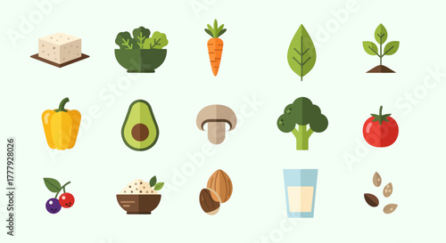 Assortment of Colorful Fresh and Healthy Vegetarian Food Icons.