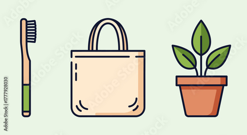 Set of eco-friendly lifestyle icons: bamboo toothbrush reusable tote bag and potted plant.