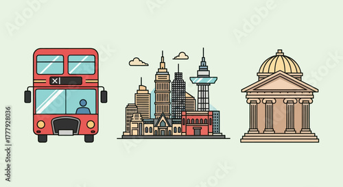 A set of colorful line art travel icons featuring a red double-decker bus a city skyline and a classical museum.