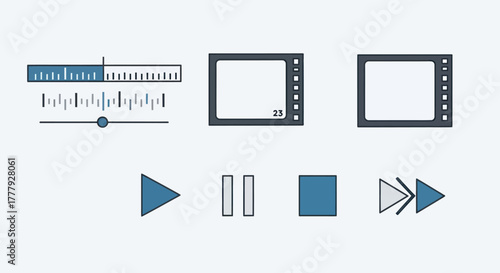 Media Player Interface Elements: Volume Slider Screen Displays and Playback Controls.