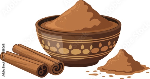 Cinnamon sticks and a bowl of ground powder spice for cooking and baking vector illustration