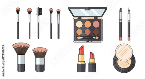 Diverse Makeup Brushes Eyeshadow Palette Lipsticks and Compact Powders Collection.
