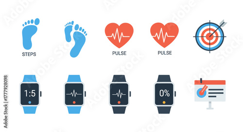 Collection of Fitness Icons: Steps Pulse Target Smartwatches and Data.