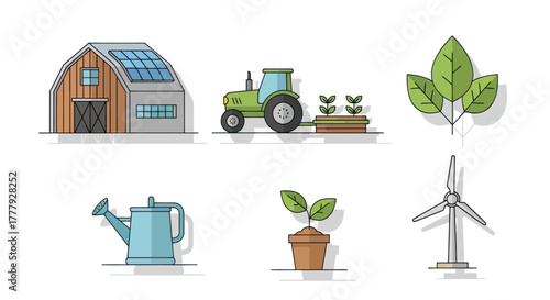 Collection of Flat Design Icons Representing Sustainable Agriculture and Renewable Energy.