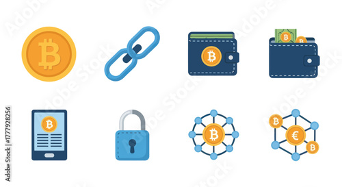 Cryptocurrency and Blockchain Technology Icons Set Digital Finance and Security Elements.