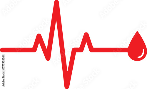 Red electrocardiogram line with a blood drop symbol on a white background heart rate pulse