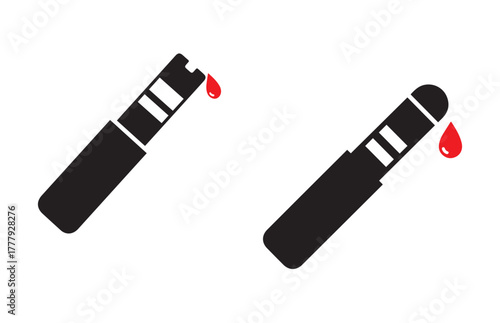 Two black medical lancets with red blood drops falling from tips on white background blood test healthcare