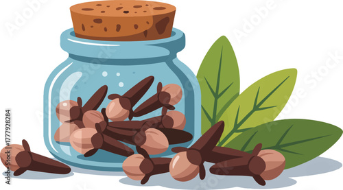 Clove buds spice in a glass jar with green leaves isolated cartoon vector illustration