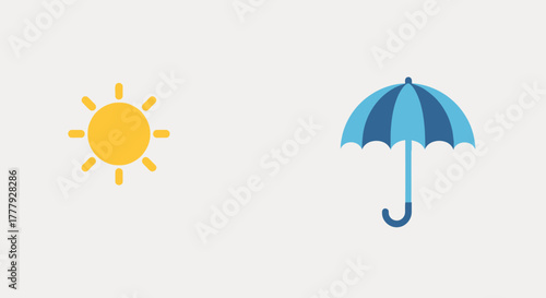 Bright Sun and Blue Umbrella Icons Representing Weather Contrast.