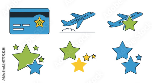 Travel Loyalty Program Icons with Credit Card Airplanes and Stars.