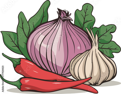 Collection of fresh spicy ingredients with red onion garlic and chili pepper for cooking vector illustration