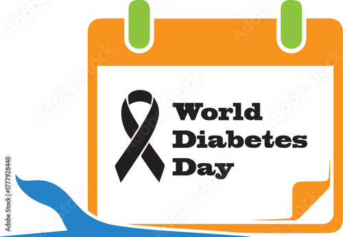 World Diabetes Day black awareness ribbon on orange calendar with blue wave graphic diabetes awareness