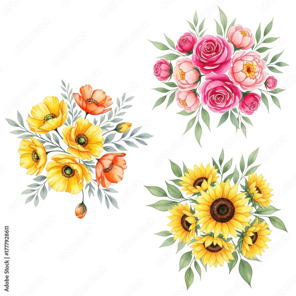 Naklejka premium Three beautiful watercolor flower arrangements featuring roses sunflowers and poppies with green foliage isolated on transparent background