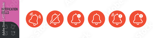 Notification bell icon set. Notice message. Alarm symbol. Incoming inbox message. New message notification icon. Ringing bells, new notification for clock and smartphone, alarm alert