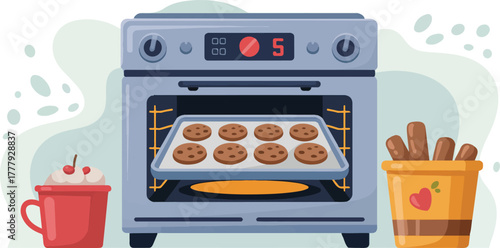 Electric oven baking fresh chocolate chip cookies on a tray for a homemade dessert concept flat vector illustration