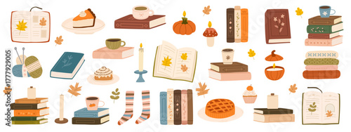 Cozy autumn hand drawn reading collection. Set of books and autumn vibe elements. Cup of tea, coffee, candles, knitting, socks, pumpkin pie, cinnamon roll, cupcake. Flat vector illustration.