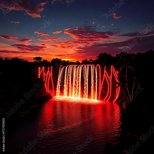 “Fantasy Tropical Waterfall at Sunset with Palm Trees – Vibrant Reflections and Magical Paradise Landscape”