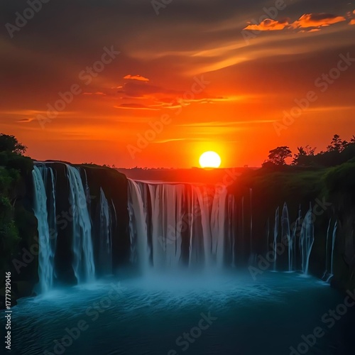 “Fantasy Tropical Waterfall at Sunset with Palm Trees – Vibrant Reflections and Magical Paradise Landscape”