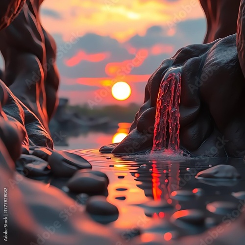 “Fantasy Tropical Waterfall at Sunset with Palm Trees – Vibrant Reflections and Magical Paradise Landscape”