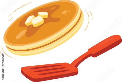 Flipping pancakes with butter and syrup for breakfast food concept cartoon vector illustration