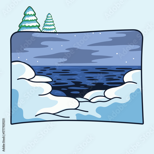 Cartoon winter snowy seacoast landscape with trees, sea and horizon at the night illustration