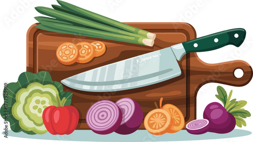 Fresh vegetables and a knife on a wooden cutting board for healthy food preparation vector illustration