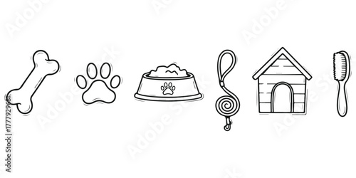 Line Art Dog Essentials Bone Paw Print Bowl Leash House and Brush in Black White Pet Care Supplies Doodle Style Vector