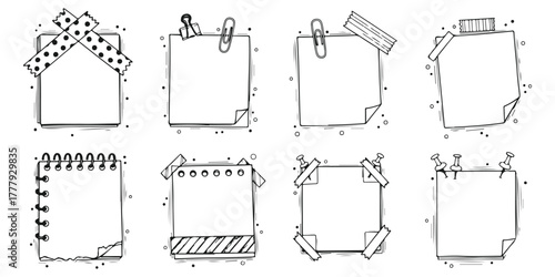 Doodle Notes Collection Cute Paper Sheets Sticky Notes Spiral Notebook Clip Tape Pin Hand Drawn Frames for Message Board