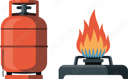Gas cylinder tank with a portable stove and burning fire for cooking or camping flat vector illustration