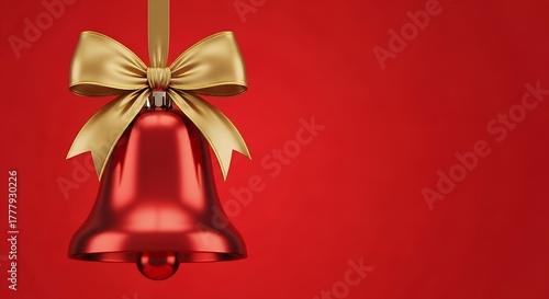 A Shiny Red Christmas Bell Decorated with a Golden Bow Hangs Against a Vibrant Red Background