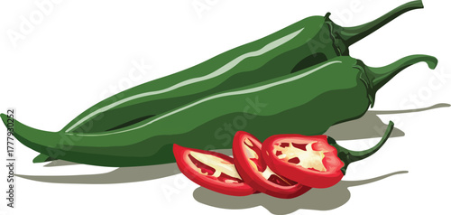 Green chili peppers with red slices of hot spicy ingredient for cooking isolated vector illustration