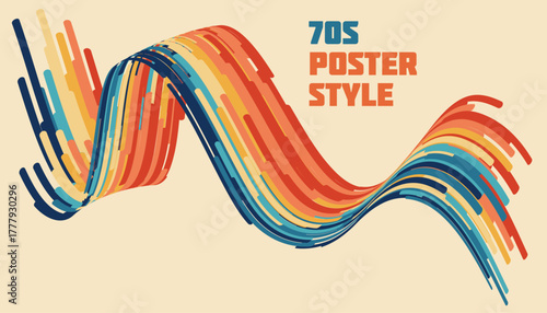 Retro 70s poster with dynamic curved stripes. Groovy colorful abstract background in orange, yellow, red, blue and teal. Vintage vector design for nostalgic decoration, print and poster art