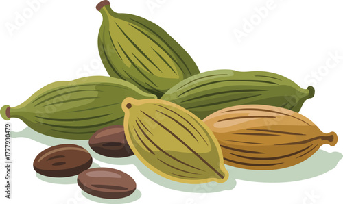 Green cardamom pods and seeds aromatic spice for cooking and seasoning isolated vector illustration
