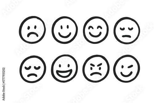 Vector illustration of collection of eight handdrawn smiley face icons representing different emotions, isolated on a