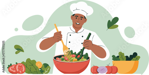 Happy african american chef character mixing fresh vegetable salad in a bowl for healthy eating concept vector illustratio