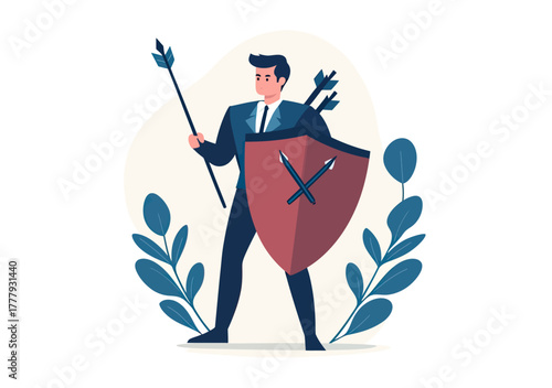 Businessman in suit holding shield with crossed arrows and arrows in back protecting himself from attacks, security and defense concept in flat style vector illustration