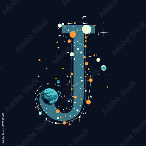 Letter J formed by abstract space elements with planets, stars, constellations, and celestial bodies in flat minimalist vector style on dark background for cosmic design concept