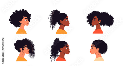 Portraits of diverse young women with curly and afro natural hairstyles, trendy hairdos, side profile vector illustration set in flat minimalist style