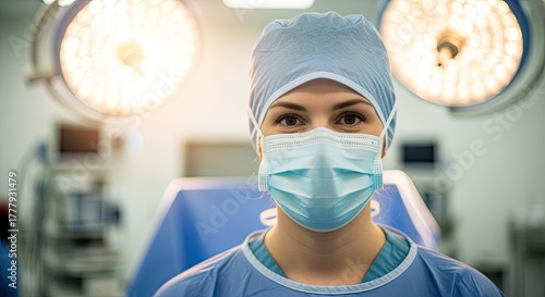 A young Caucasian woman in surgical scrubs and a mask stands in an operating room. Bright surgical lights illuminate the background, creating a clinical atmosphere.