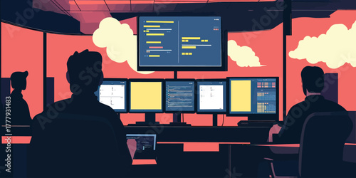 Software developers working on multiple monitors with code and data visualization in modern office with sunset background and cloud shapes outside window flat vector illustration