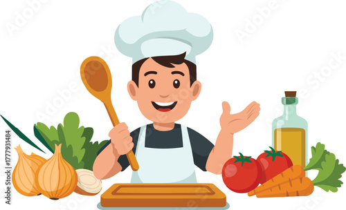 Happy cartoon chef character with fresh vegetables for a cooking class or food preparation vector mascot