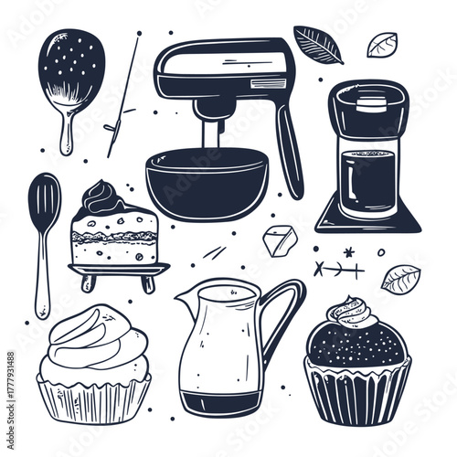 Hand drawn baking illustration with stand mixer cake cupcake coffee maker cream jug spoon and sugar cube black sketch doodle style vector design for bakery business card or shop branding
