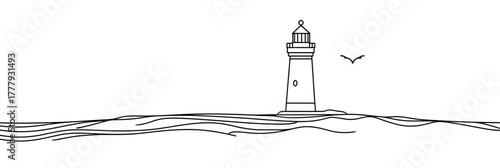 Minimalist continuous line drawing of lighthouse on rocky coast with bird flying over ocean waves isolated on white background vector illustration