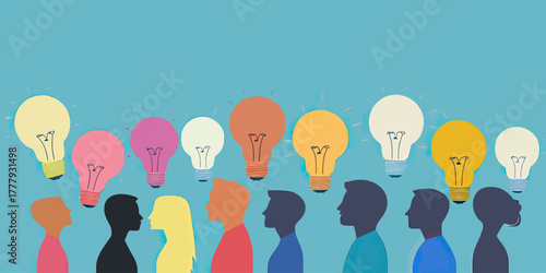 Diverse group of people silhouettes brainstorming creative ideas with colorful glowing light bulbs above heads flat vector illustration
