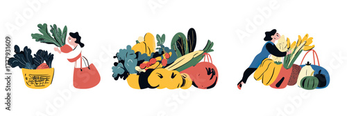 Flat minimalist vector illustration of woman grocery shopping with fresh organic vegetables carrying basket and reusable shopping bag healthy lifestyle concept